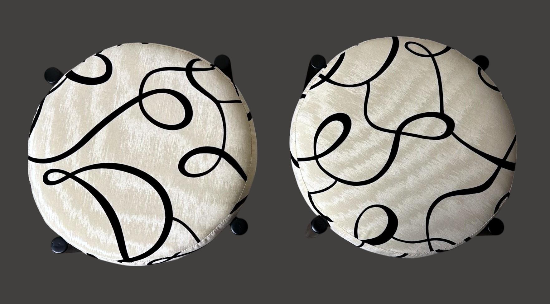 Mid-Century Modern Vintage Pair of Round Italian Stools in Ebonized Wood and Dedar Fabric For Sale