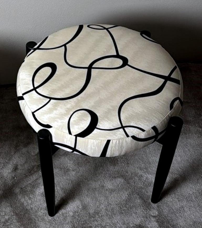 Velvet Vintage Pair of Round Italian Stools in Ebonized Wood and Dedar Fabric For Sale