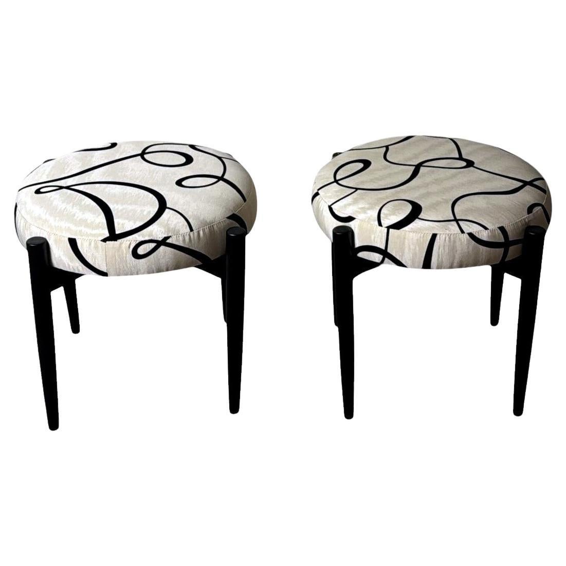 Vintage Pair of Round Italian Stools in Ebonized Wood and Dedar Fabric