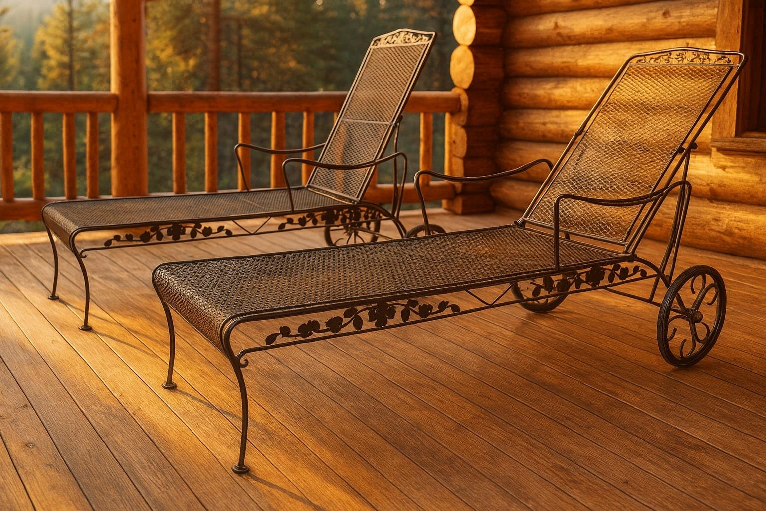 Chaise Loungers d'epoca in ferro battuto Russell Woodard
L'eleganza senza tempo incontra il comfort all'aria aperta

Eleva il tuo patio o il bordo della piscina con questa splendida coppia di lettini in ferro battuto Russell Woodard, un raro mix di