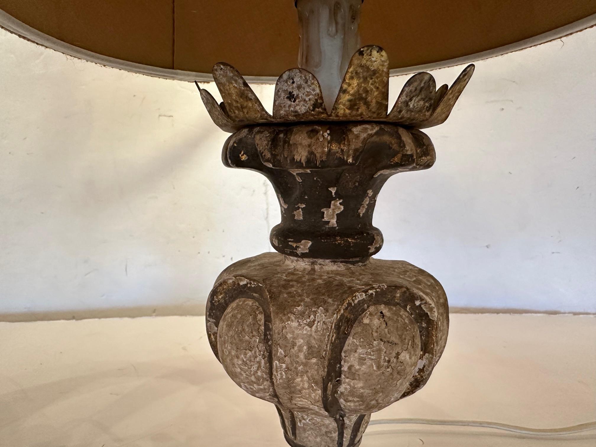 Vintage Pair of Rustic French Carved Wood & Iron Table Lamps In Distressed Condition In Hopewell, NJ