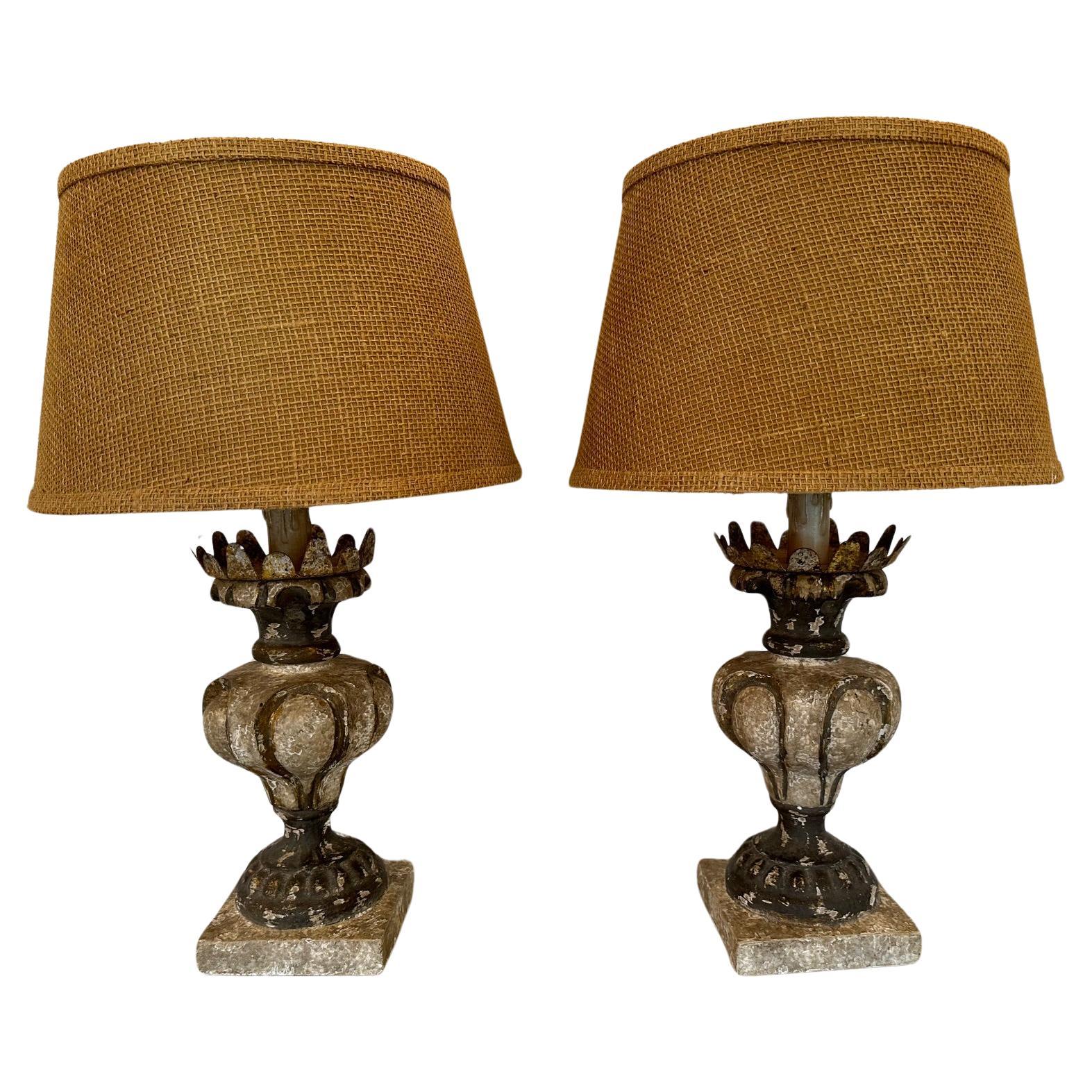 Vintage Pair of Rustic French Carved Wood & Iron Table Lamps For Sale