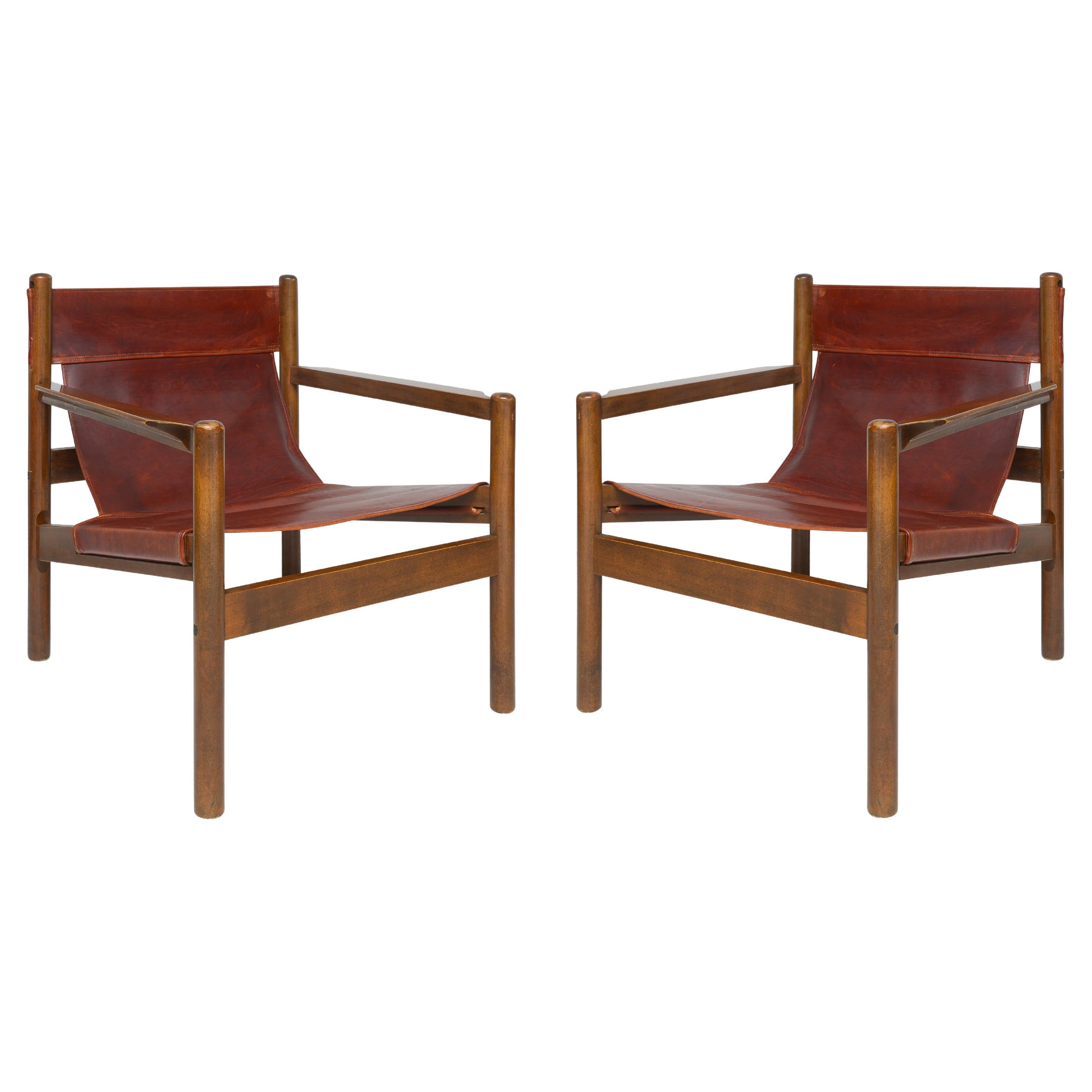  Paire de chaises en cuir de style safari Vintage