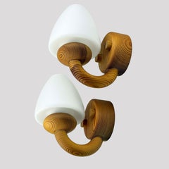 Vintage Pair of Scandinavian Pine Wall Sconces with Opaline Glass Shades
