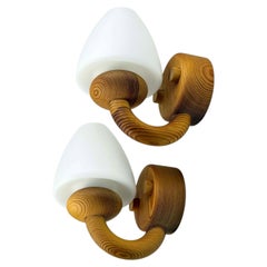 Vintage Pair of Scandinavian Pine Wall Sconces with Opaline Glass Shades
