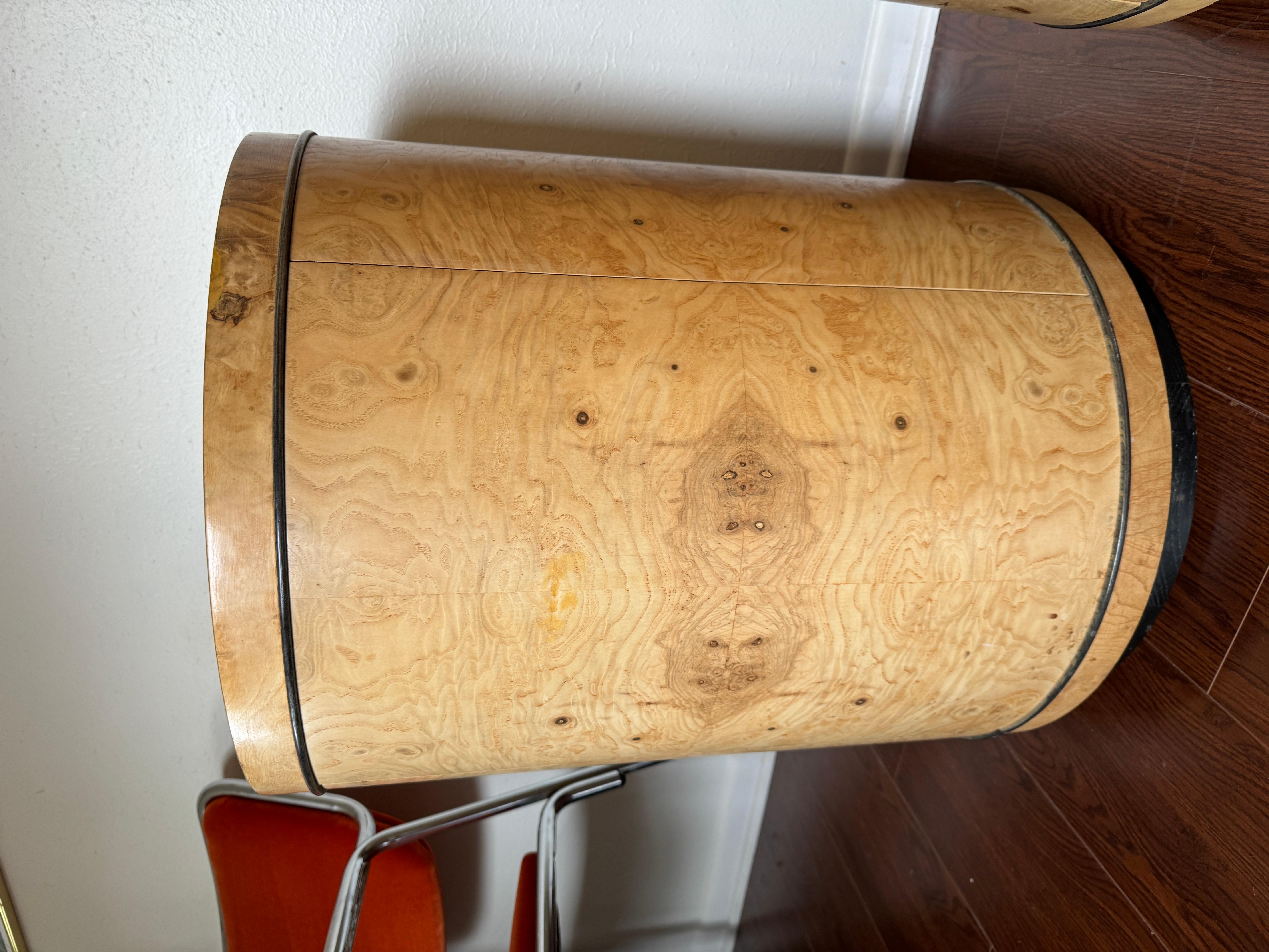 Vintage pair of Scene II burl drum side tables by Henredon, circa 1980s 4
