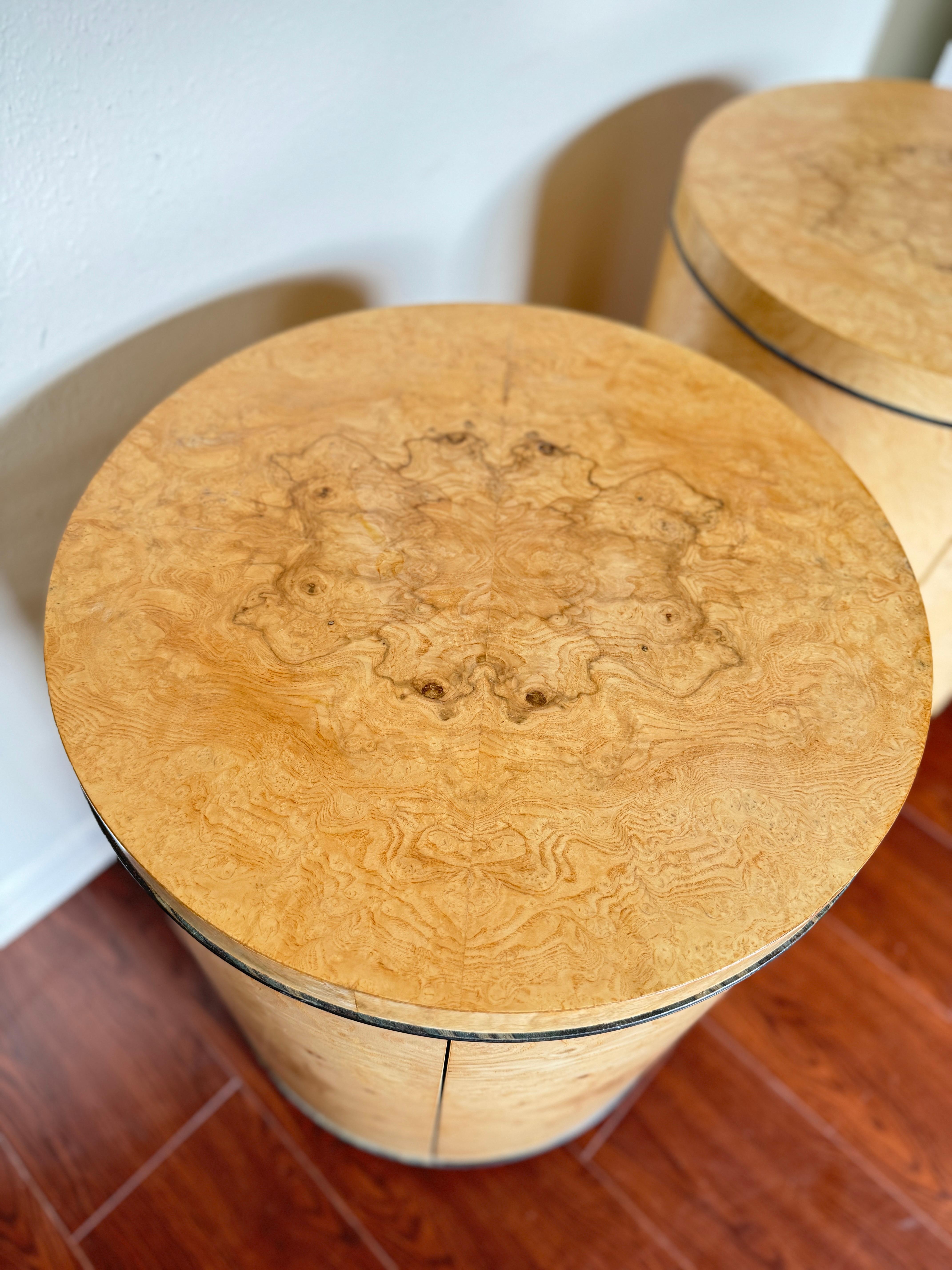 Vintage pair of Scene II burl drum side tables by Henredon, circa 1980s For Sale 9