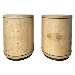 Vintage pair of Scene II burl drum side tables by Henredon, circa 1980s