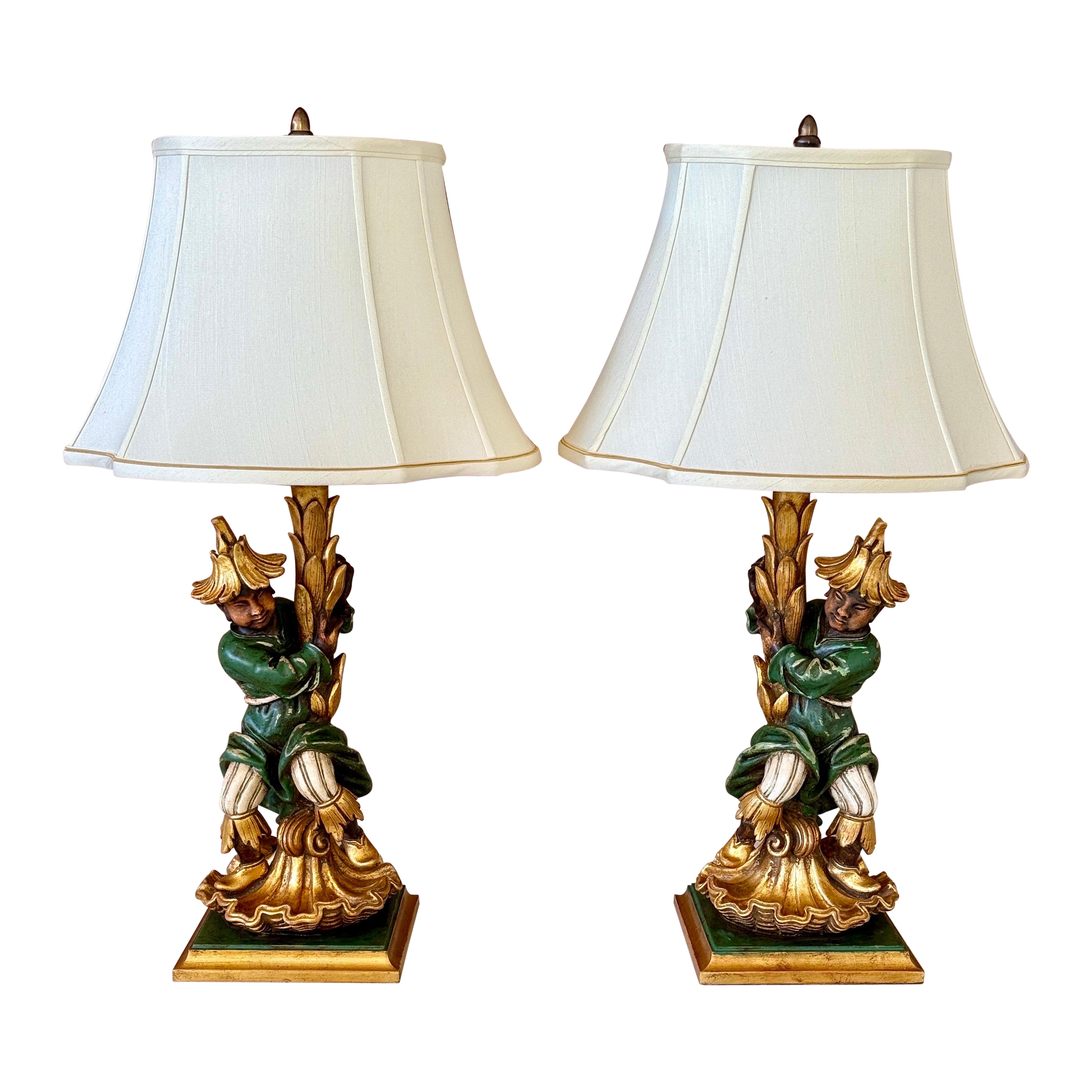 Vintage Pair of Schumacher Chinoiserie Pagoda Figural Gilt Chinoiserie Table Lam