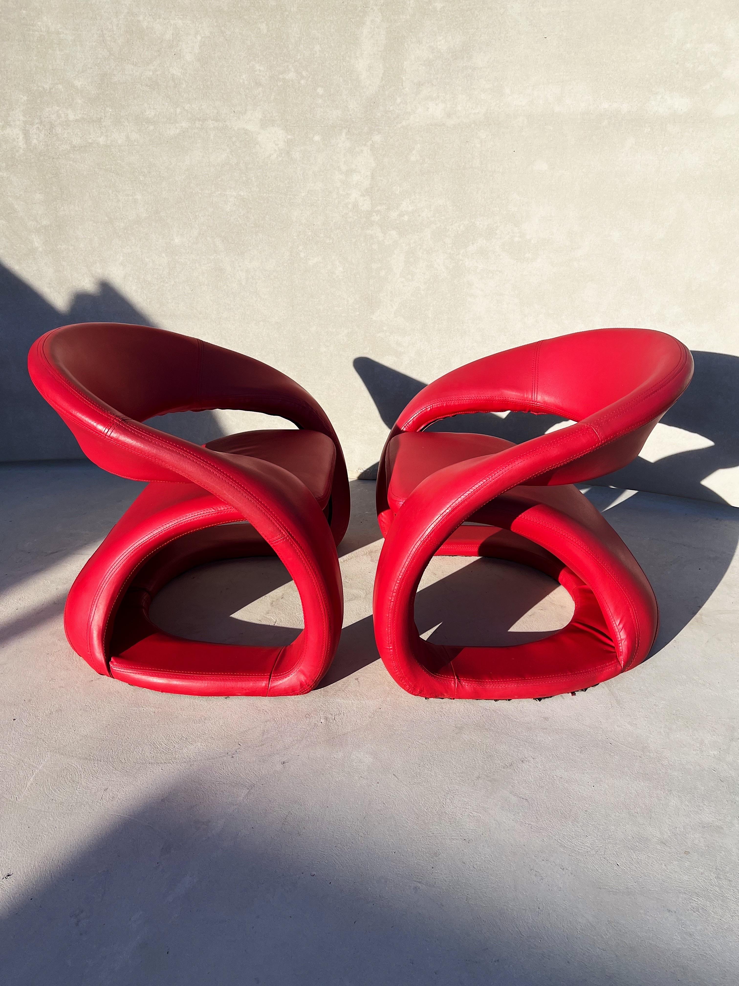 Faux Leather Vintage Pair of Sculptural Chairs in Electric Red, Attributed to Jaymar