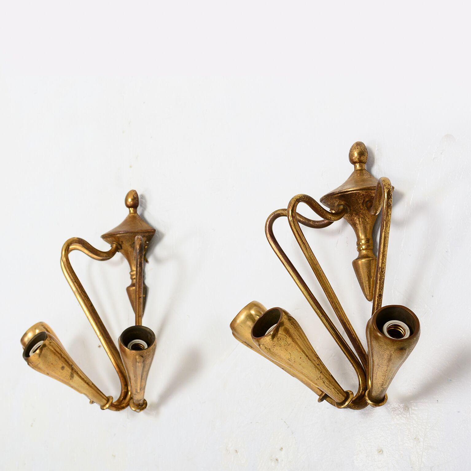 Mid-Century Modern Vintage Pair of Sculptural Italian Wall Sconces Solid Brass