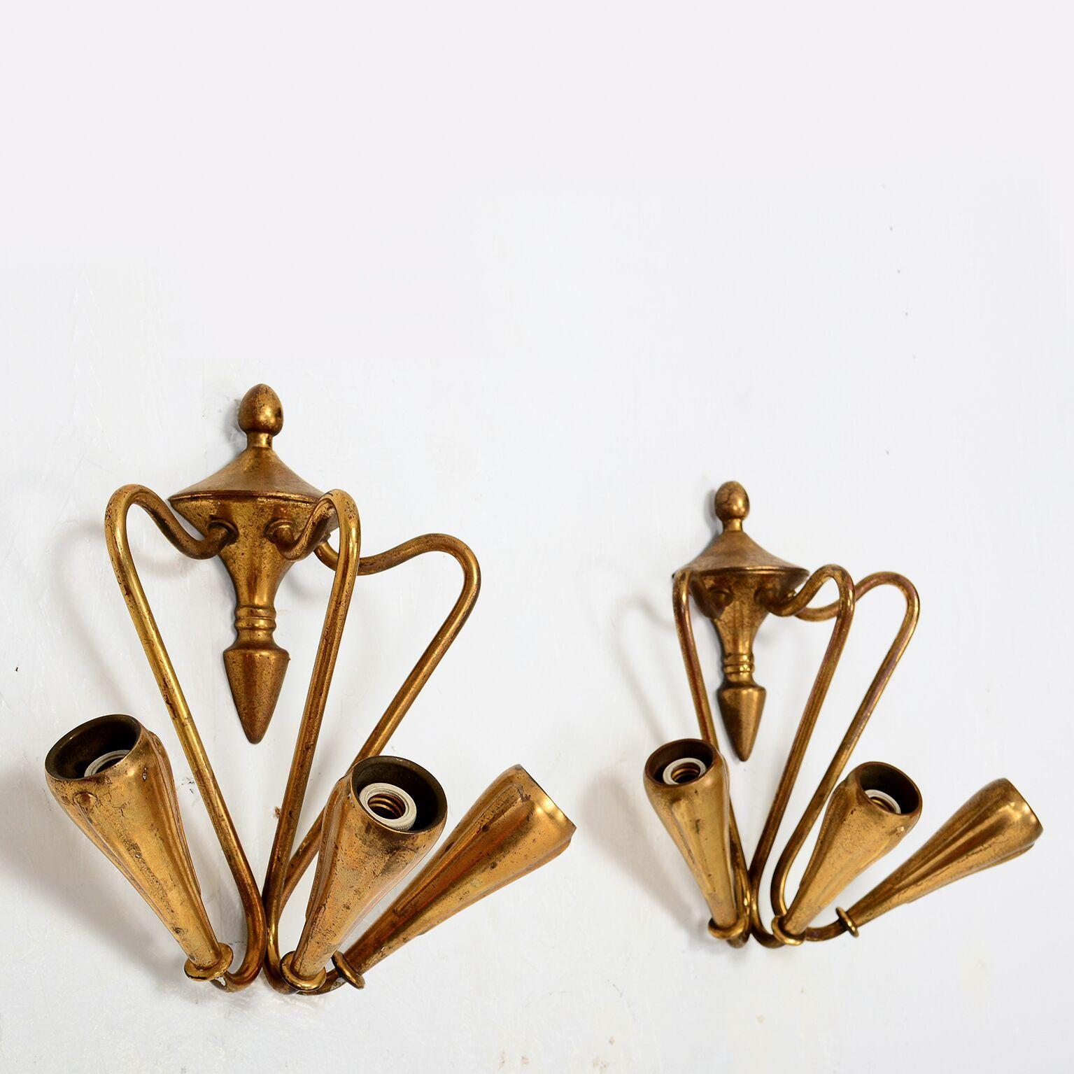 Mid-20th Century Vintage Pair of Sculptural Italian Wall Sconces Solid Brass