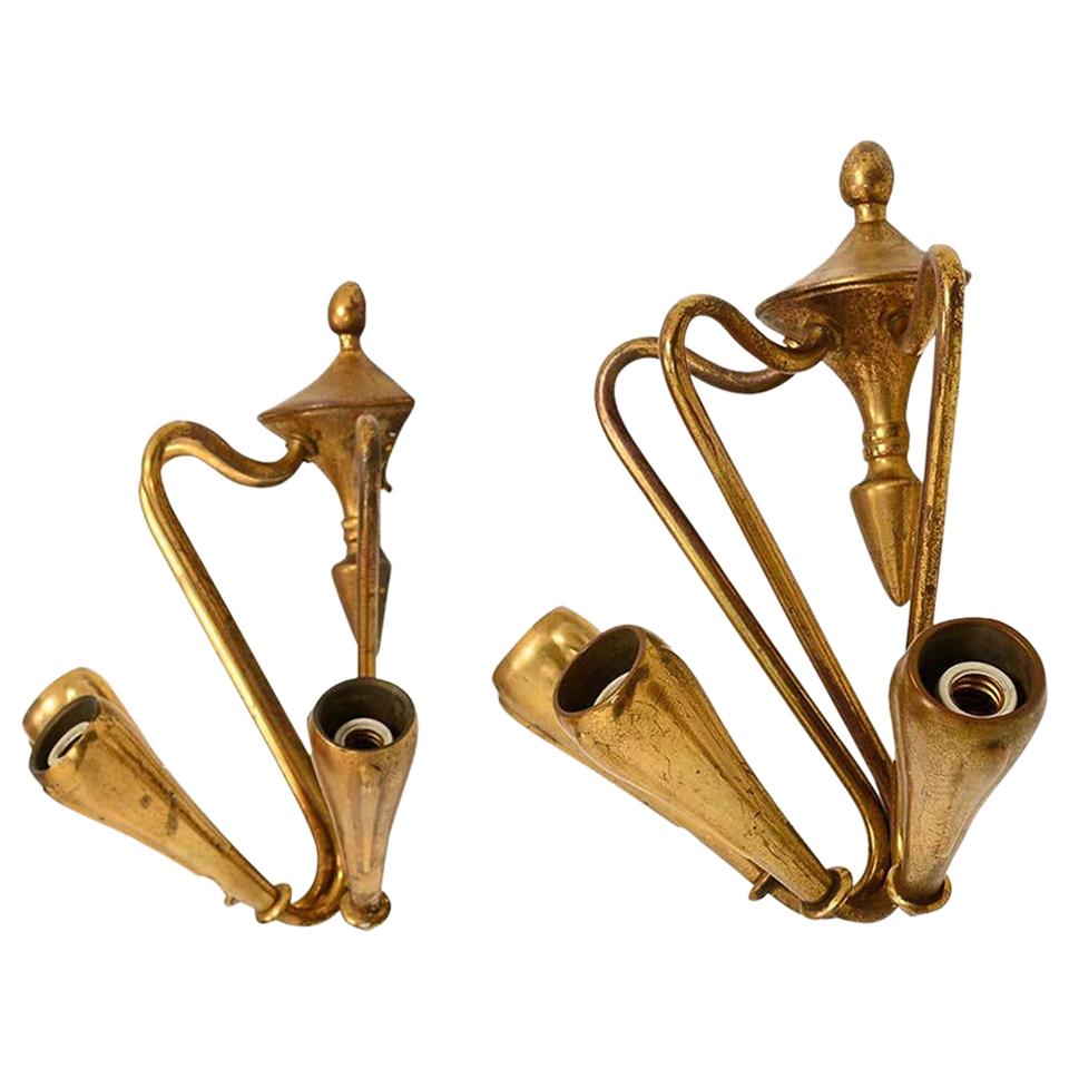 Vintage Pair of Sculptural Italian Wall Sconces Solid Brass