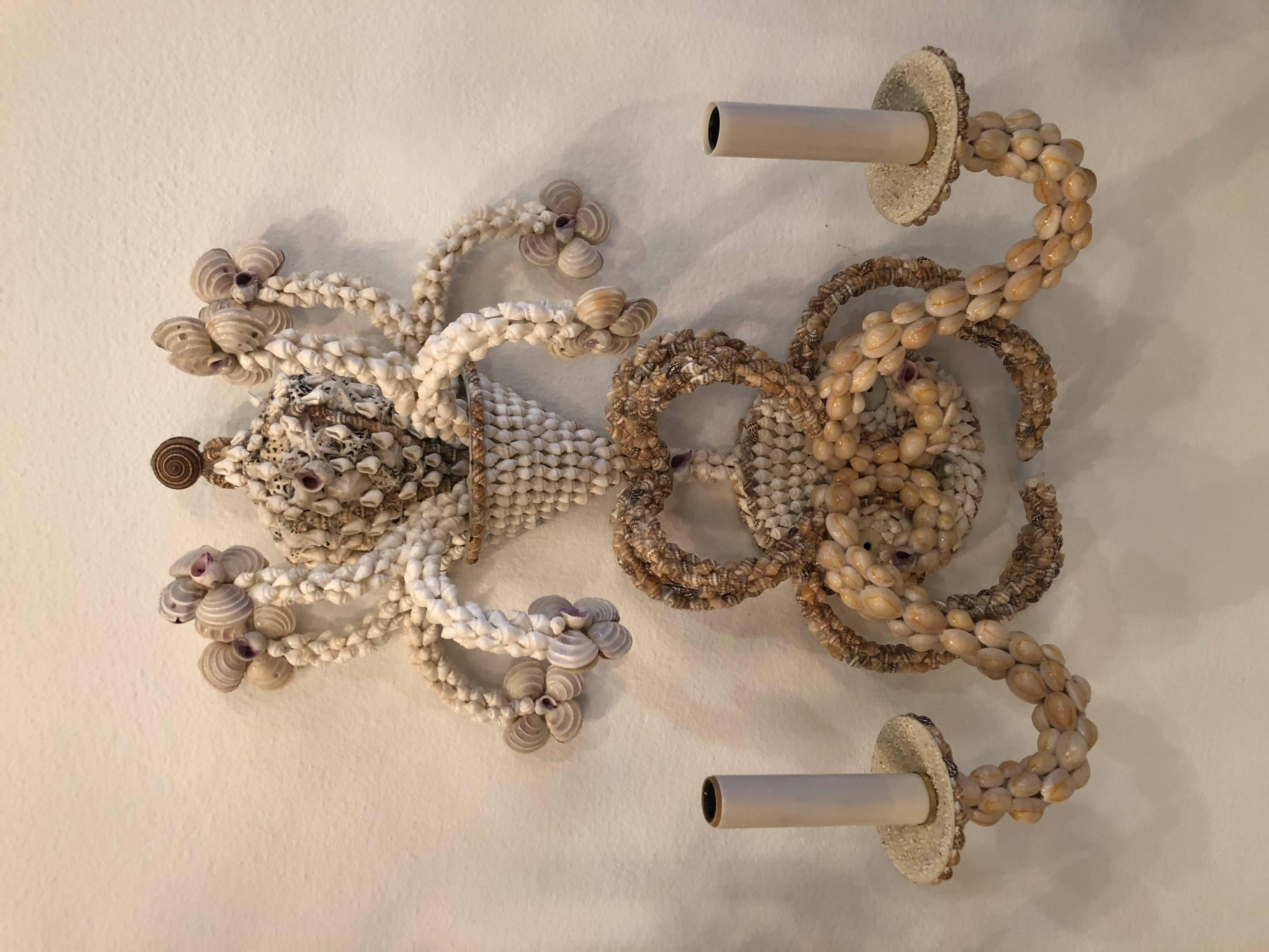 Lovely pair of vintage seashell beach shell wall light sconces.