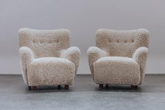 Vintage Pair Of Shearling Cabinetmaker Chairs From Denmark, Circa 1950