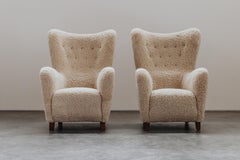 Vintage Pair Of Shearling Cabinetmaker Chairs From Denmark, Circa 1950