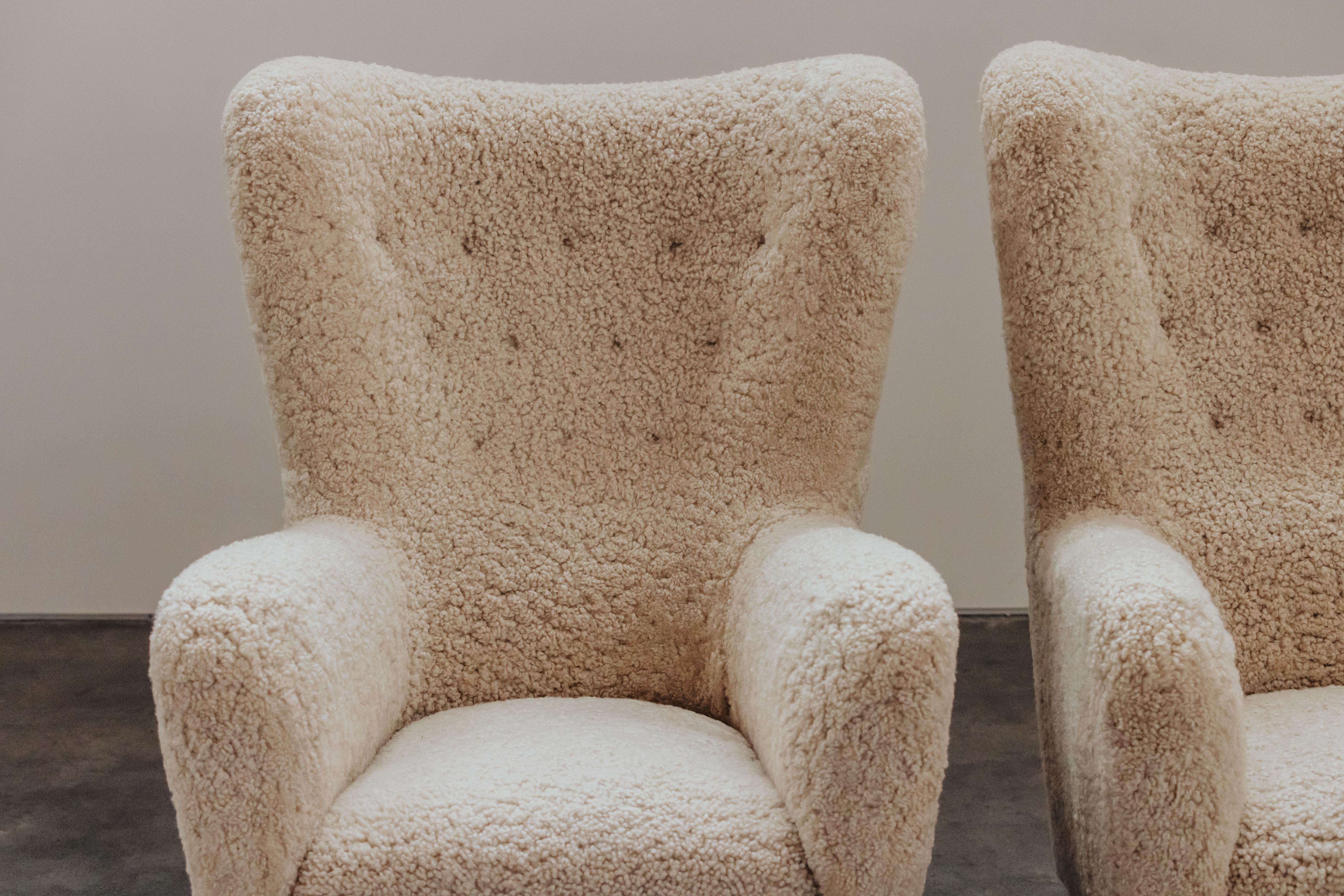 Vintage Pair Of Shearling Cabinetmaker Chairs From Denmark, Circa 1950 In Good Condition In Nashville, TN