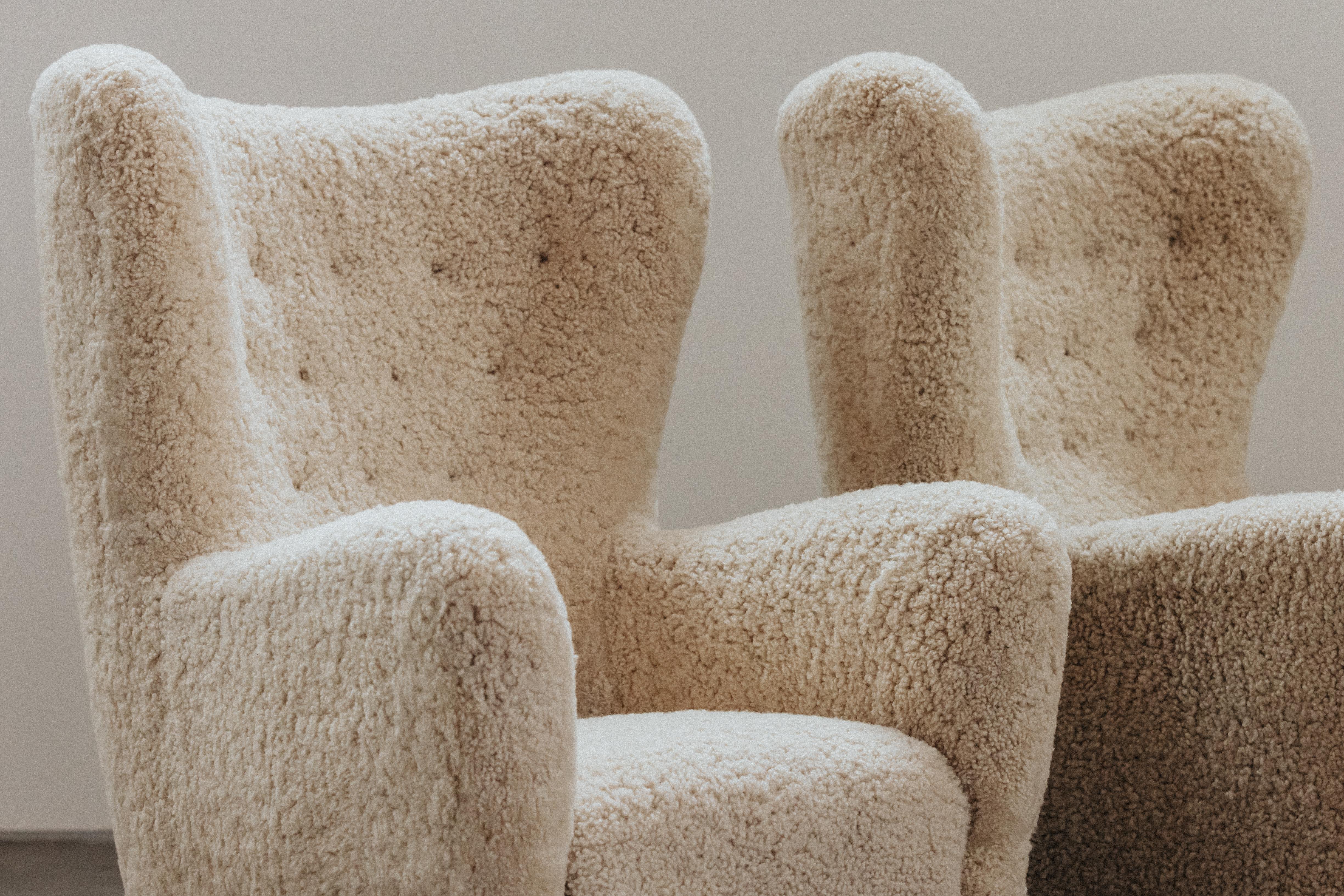 Mid-20th Century Vintage Pair Of Shearling Cabinetmaker Chairs From Denmark, Circa 1950