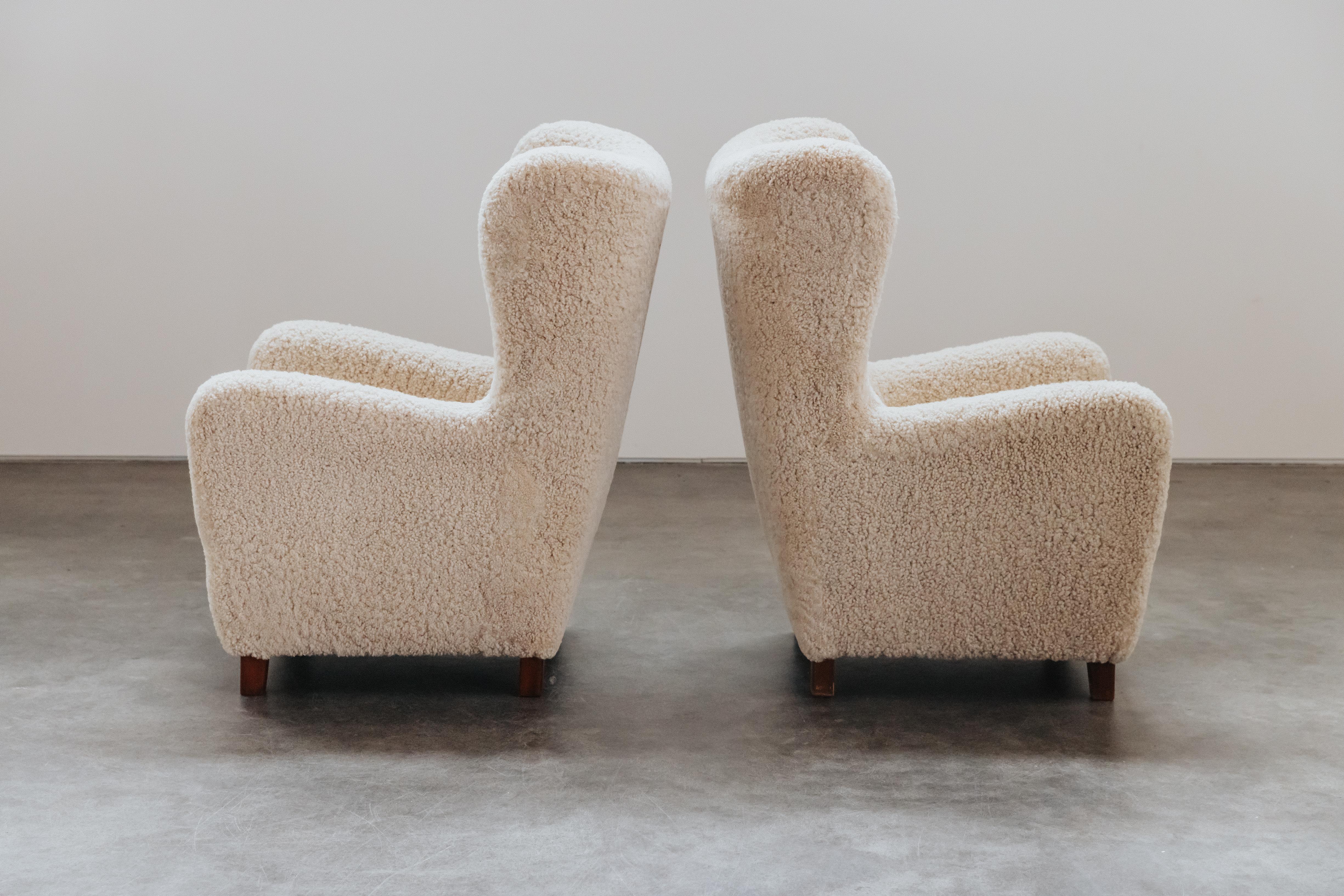 Vintage Pair Of Shearling Cabinetmaker Chairs From Denmark, Circa 1950 3