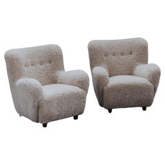 Vintage Pair Of Shearling Cabinetmaker Chairs From Denmark, Circa 1950