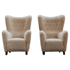 Vintage Pair Of Shearling Cabinetmaker Chairs From Denmark, Circa 1950