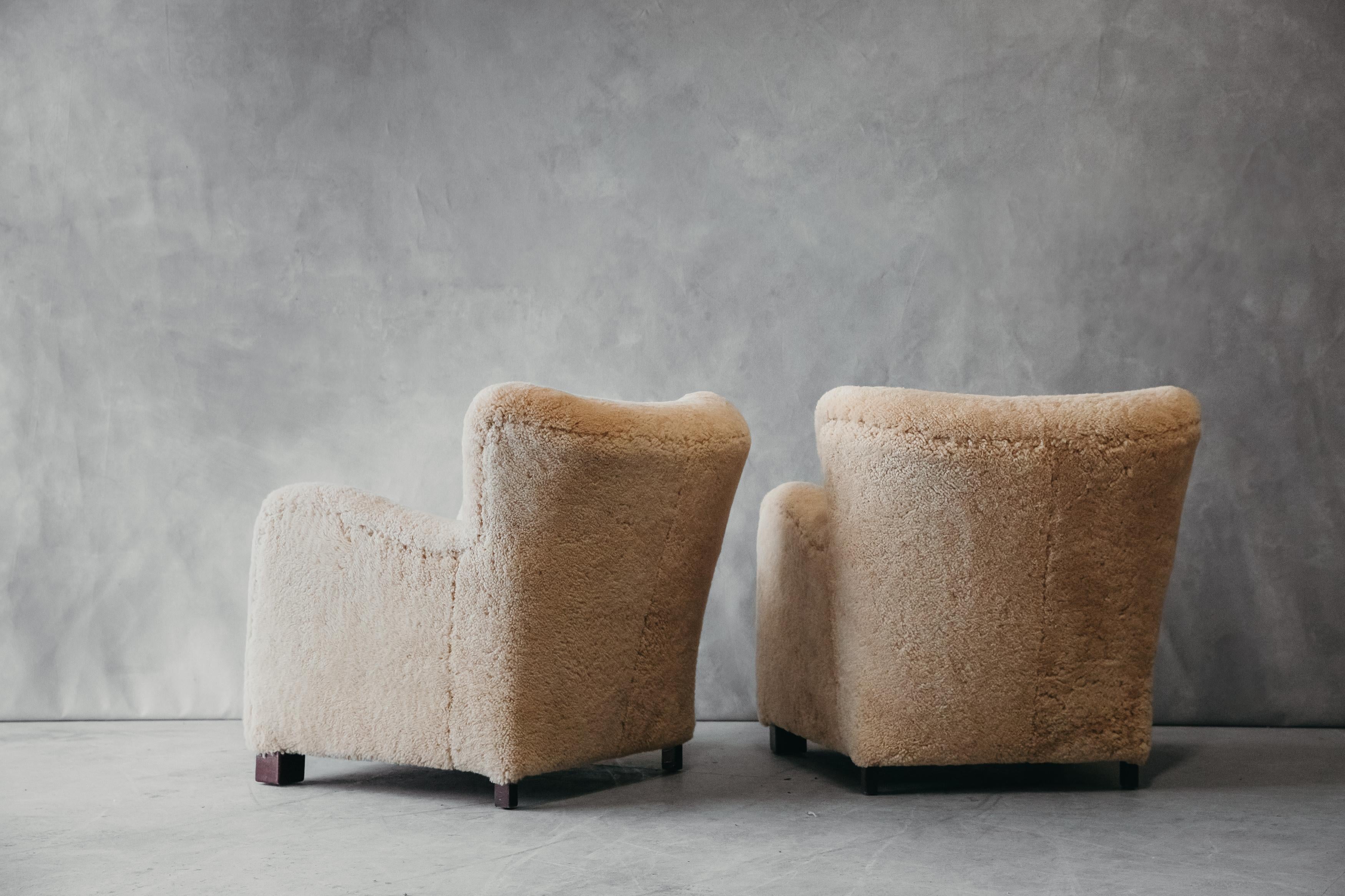 Sheepskin Vintage Pair of Shearling Cabinetmaker Chairs from Denmark, Circa 1960