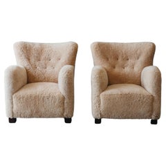Vintage Pair of Shearling Cabinetmaker Chairs from Denmark, Circa 1960
