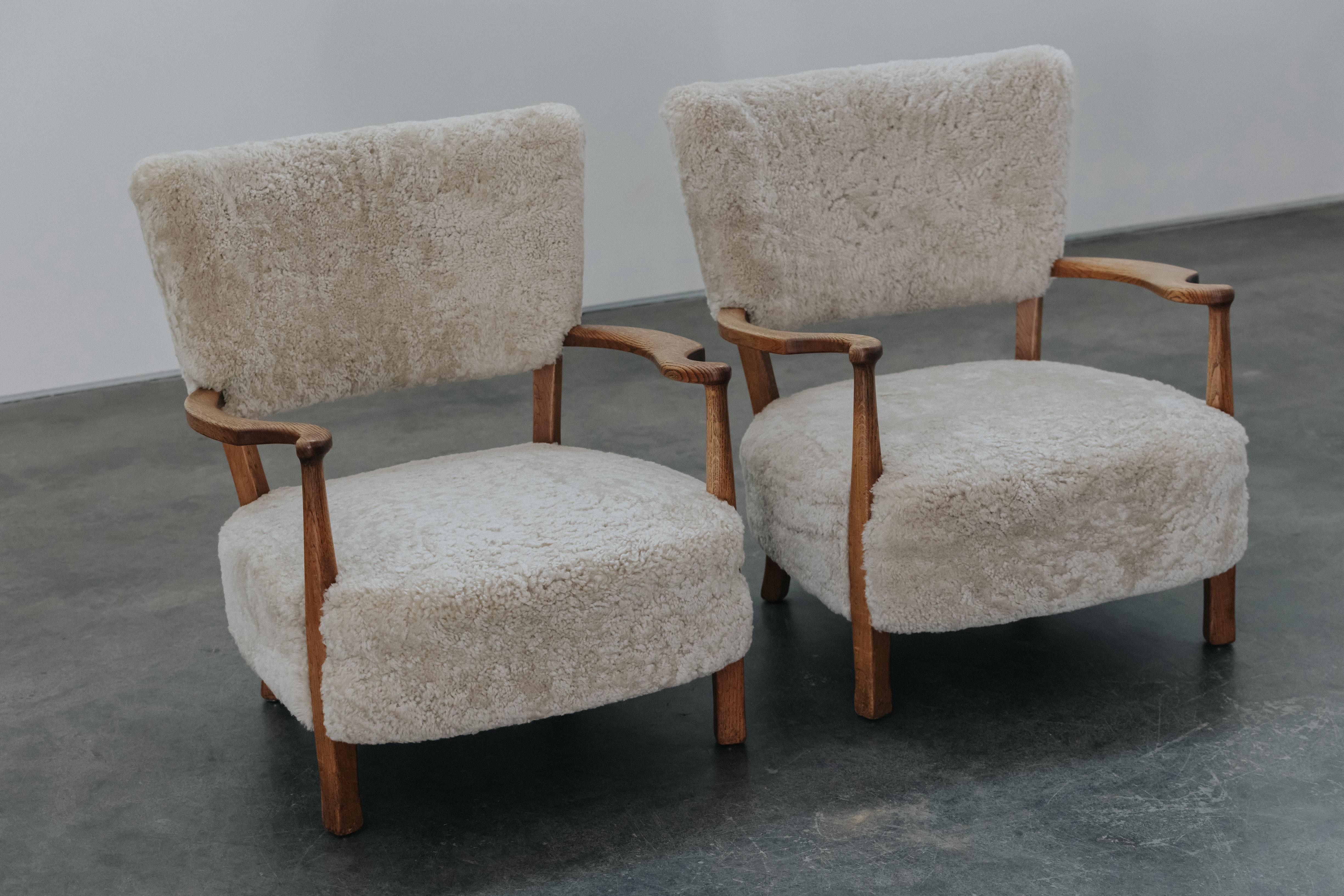 European Vintage Pair of Shearling Cabinetmaker Lounge Chairs From Denmark, Circa 1950