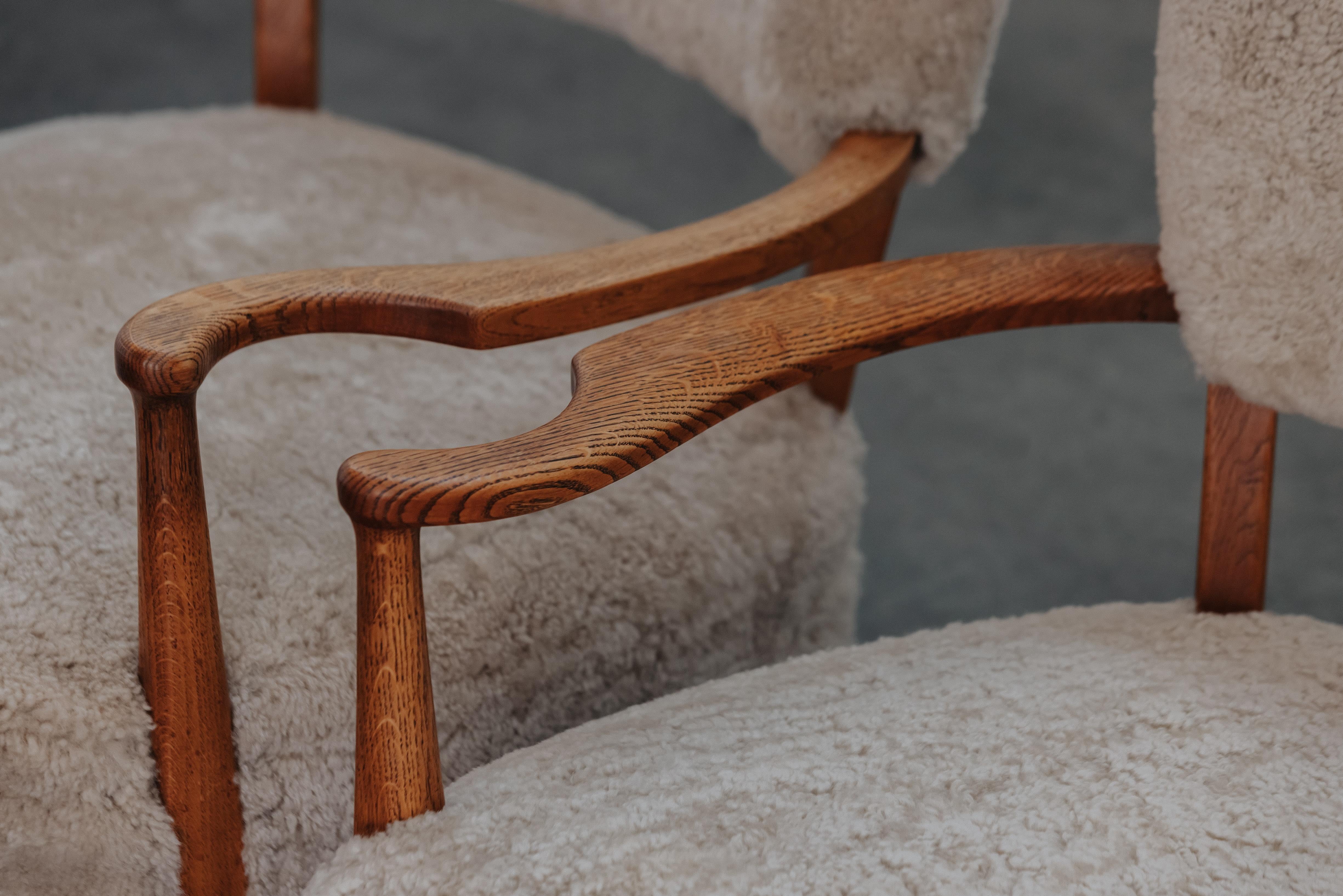 Vintage Pair of Shearling Cabinetmaker Lounge Chairs From Denmark, Circa 1950 In Good Condition In Nashville, TN