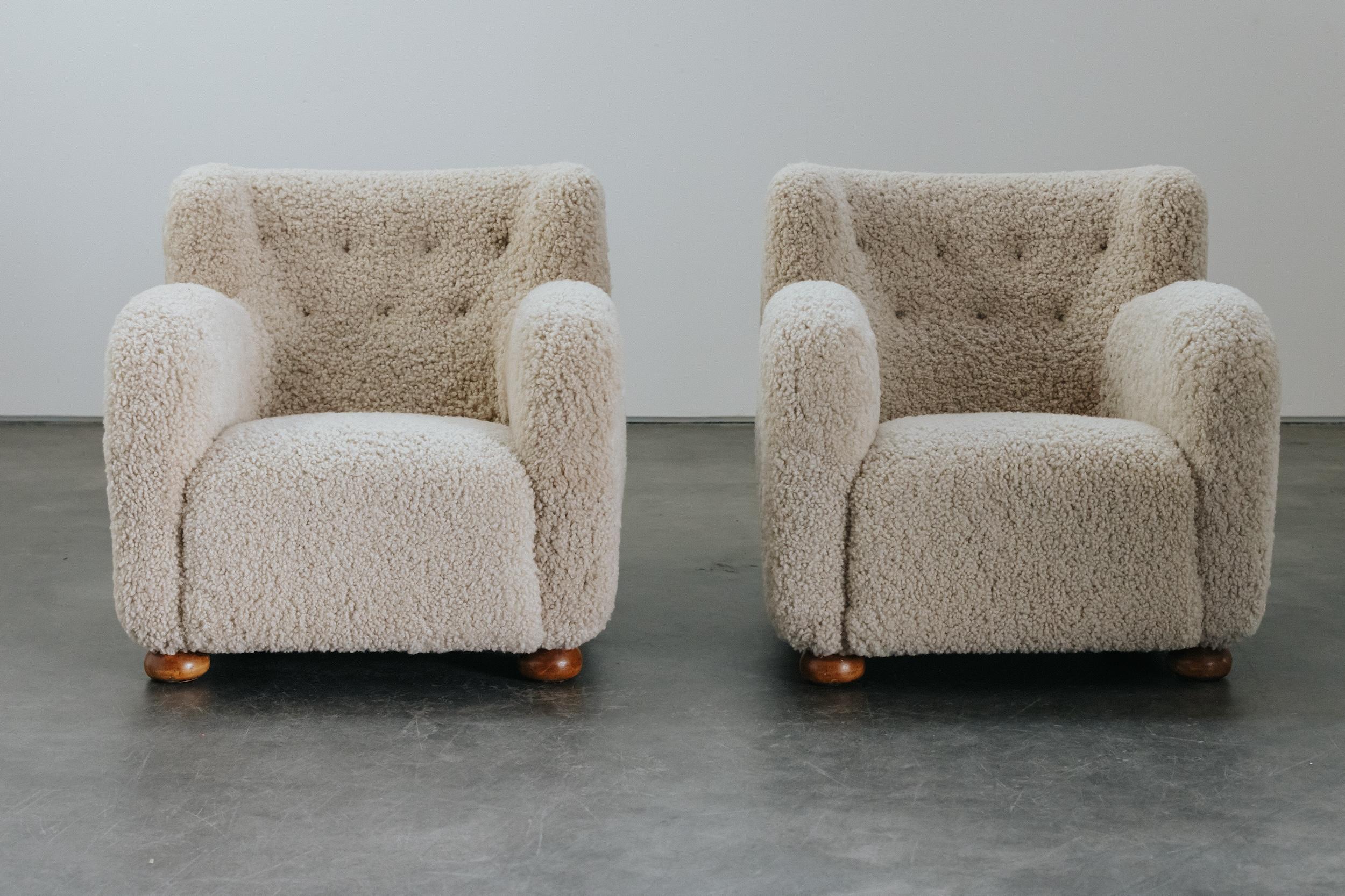 Vintage Pair Of Shearling Cabinetmaker Lounge Chairs From Denmark, Circa 1950 In Good Condition In Nashville, TN