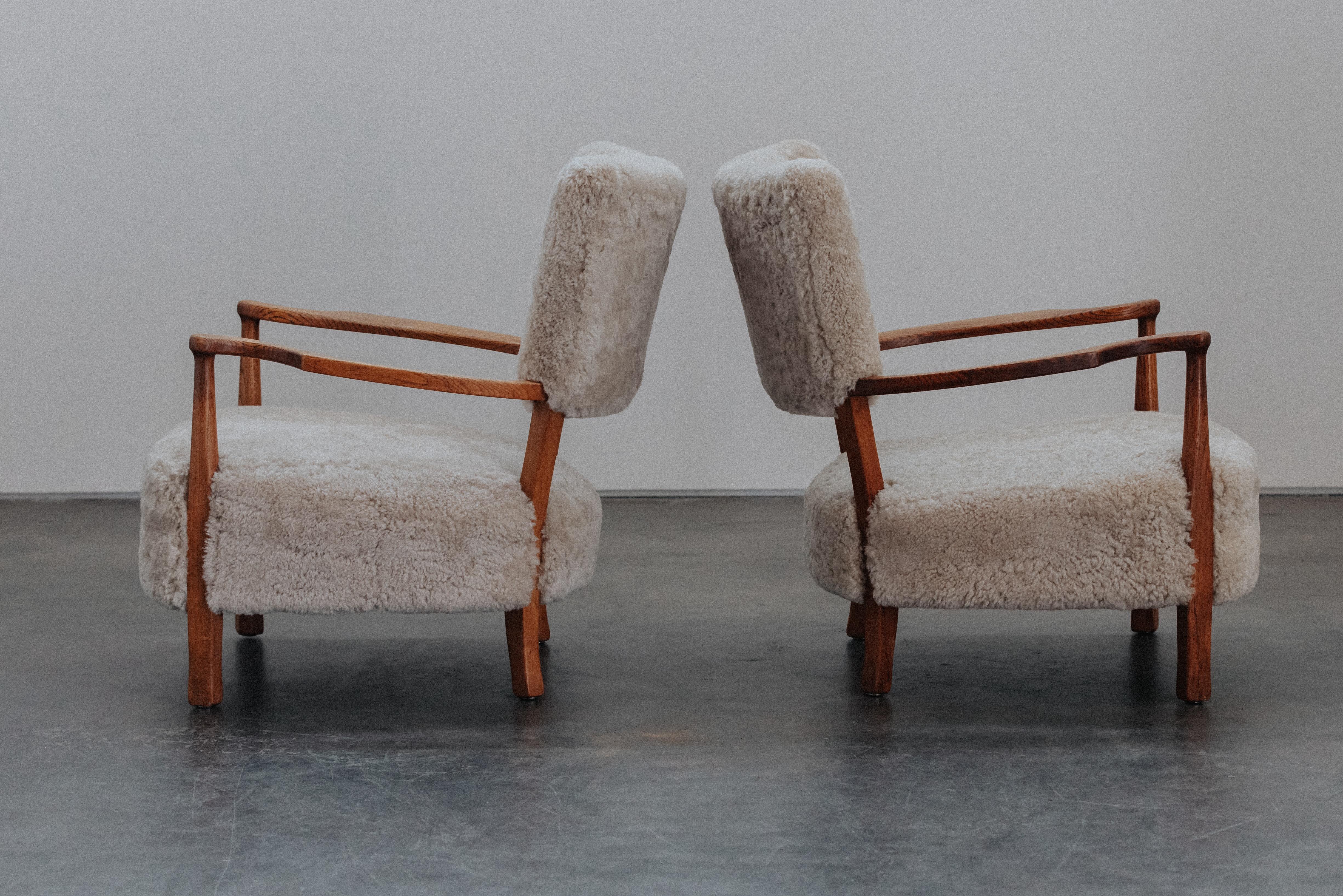 Oak Vintage Pair of Shearling Cabinetmaker Lounge Chairs From Denmark, Circa 1950