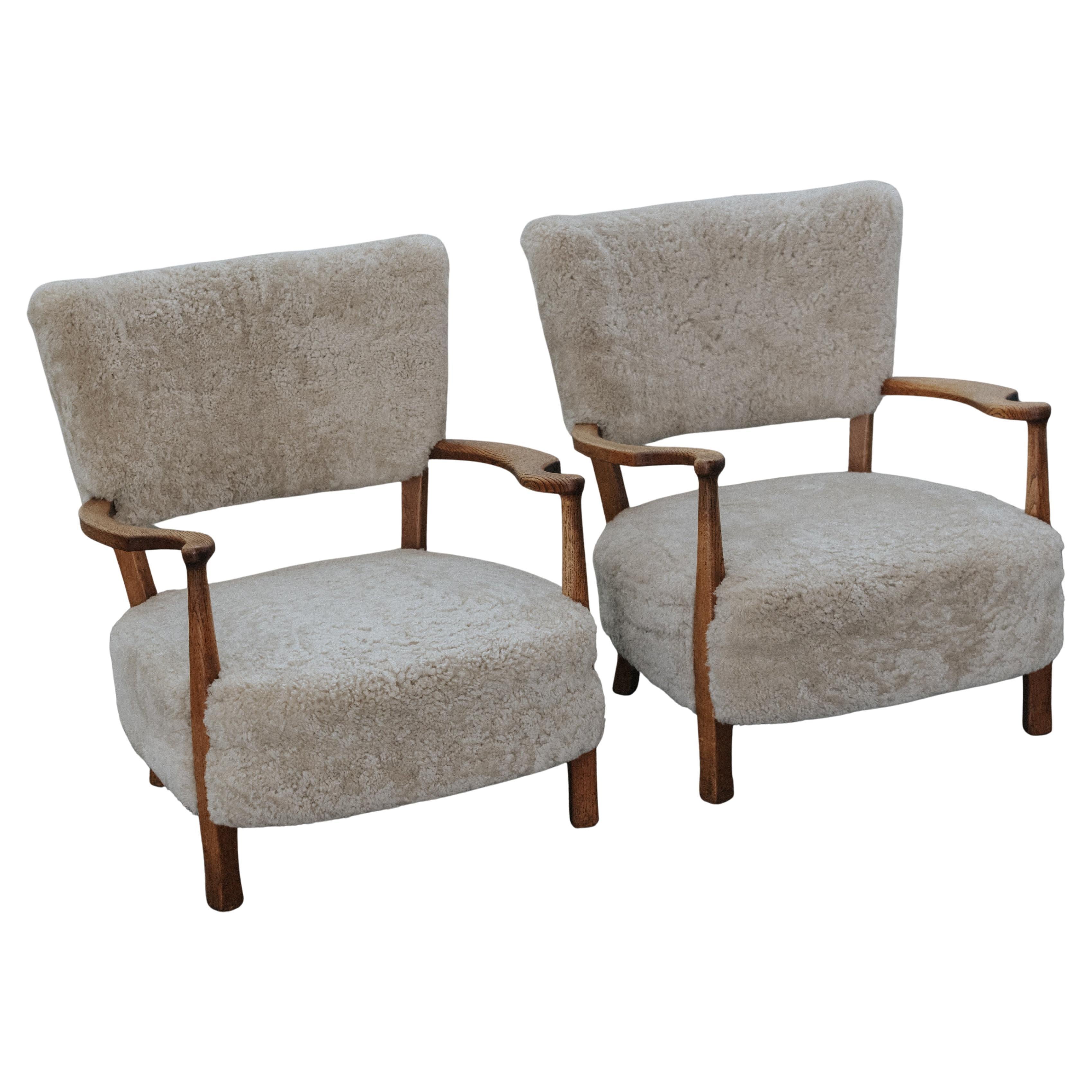 Vintage Pair of Shearling Cabinetmaker Lounge Chairs From Denmark, Circa 1950