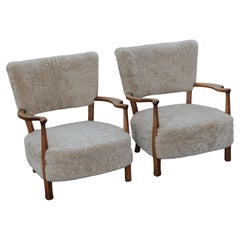 Vintage Pair of Shearling Cabinetmaker Lounge Chairs From Denmark, Circa 1950