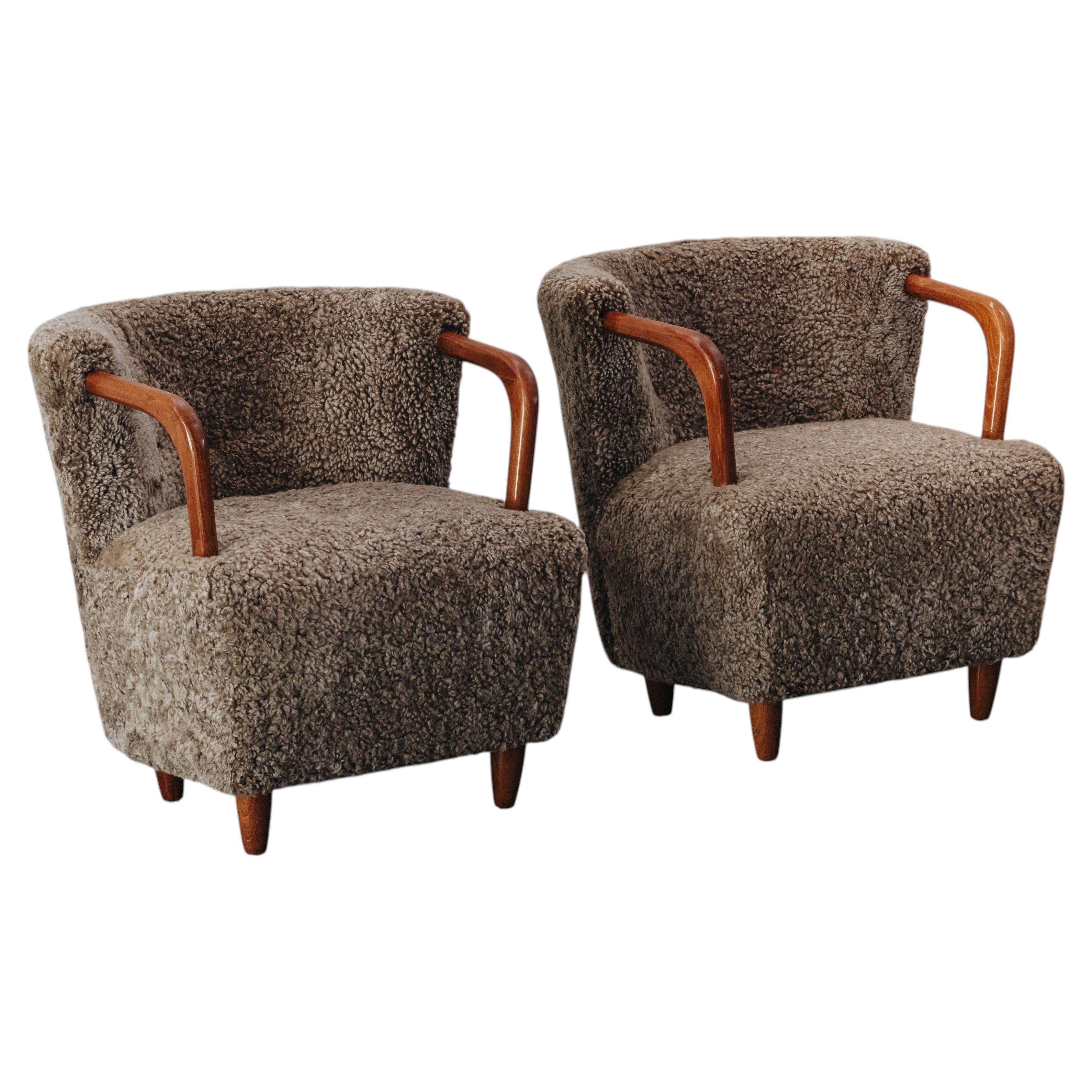 Vintage Pair Of Shearling Cabinetmaker Lounge Chairs, From Denmark, Circa 1960