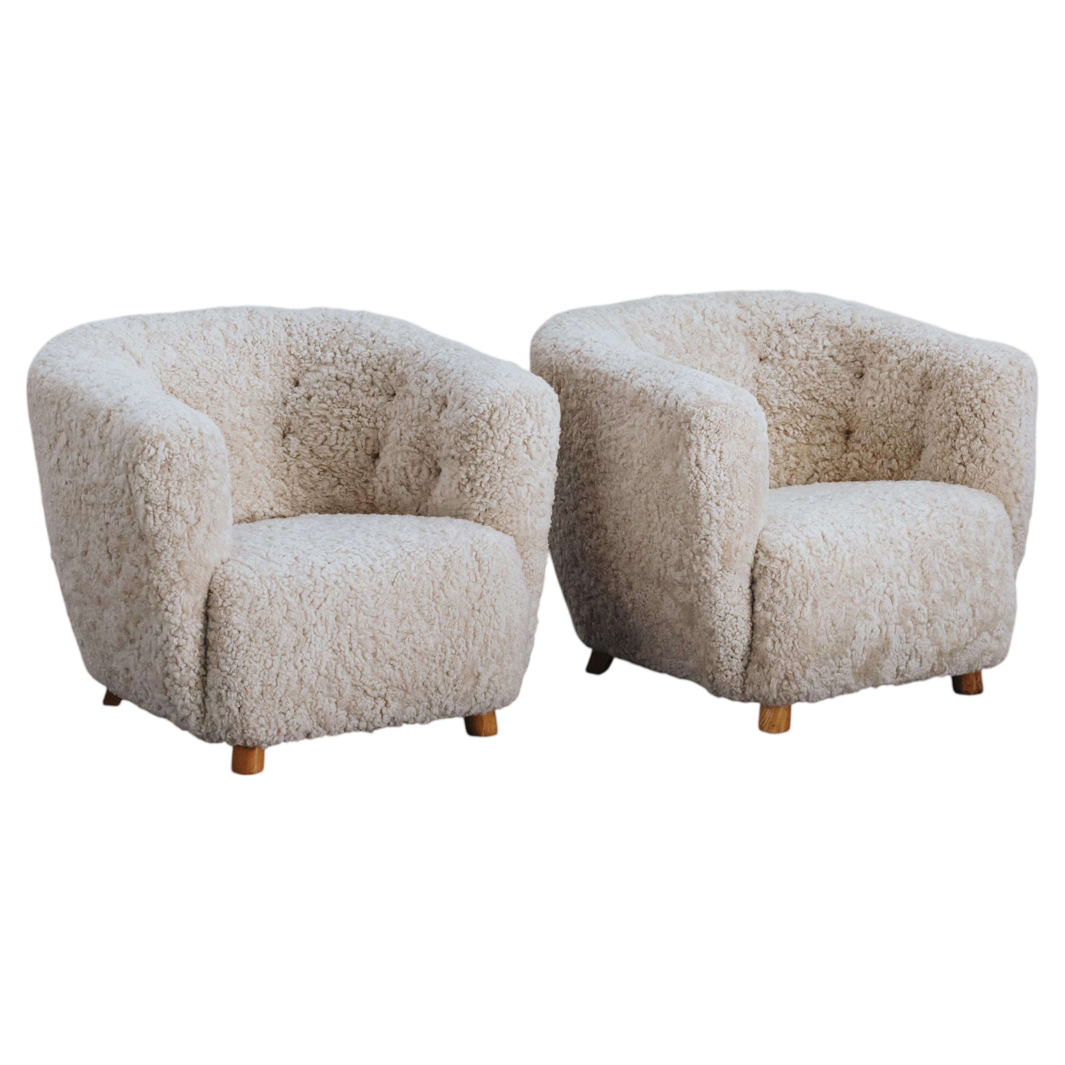 Vintage Pair Of Shearling Cabinetmaker Lounge Chairs From Denmark, Circa 1960 For Sale