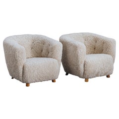 Vintage-Schreiner-Loungesessel aus Shearling aus Dänemark, Paar, um 1960