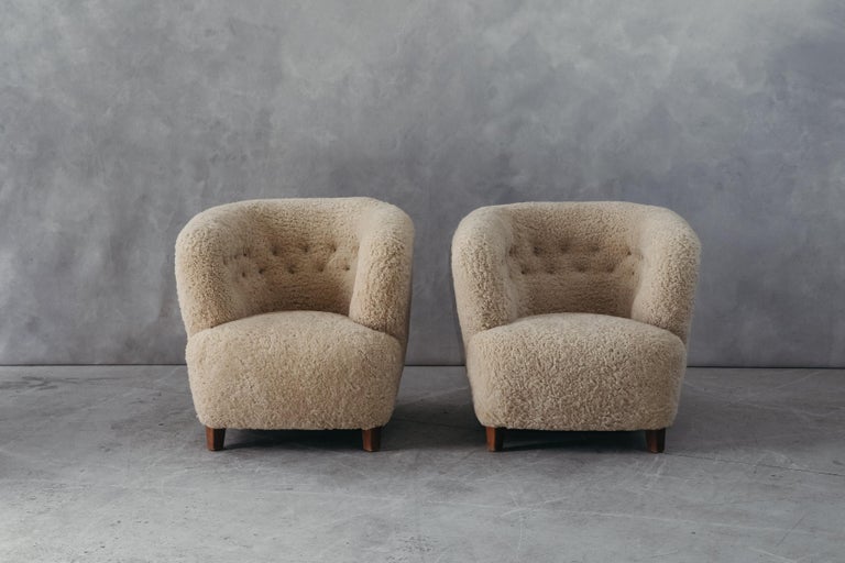 Vintage Pair of Shearling Lounge Chairs from Denmark, circa 1950 For