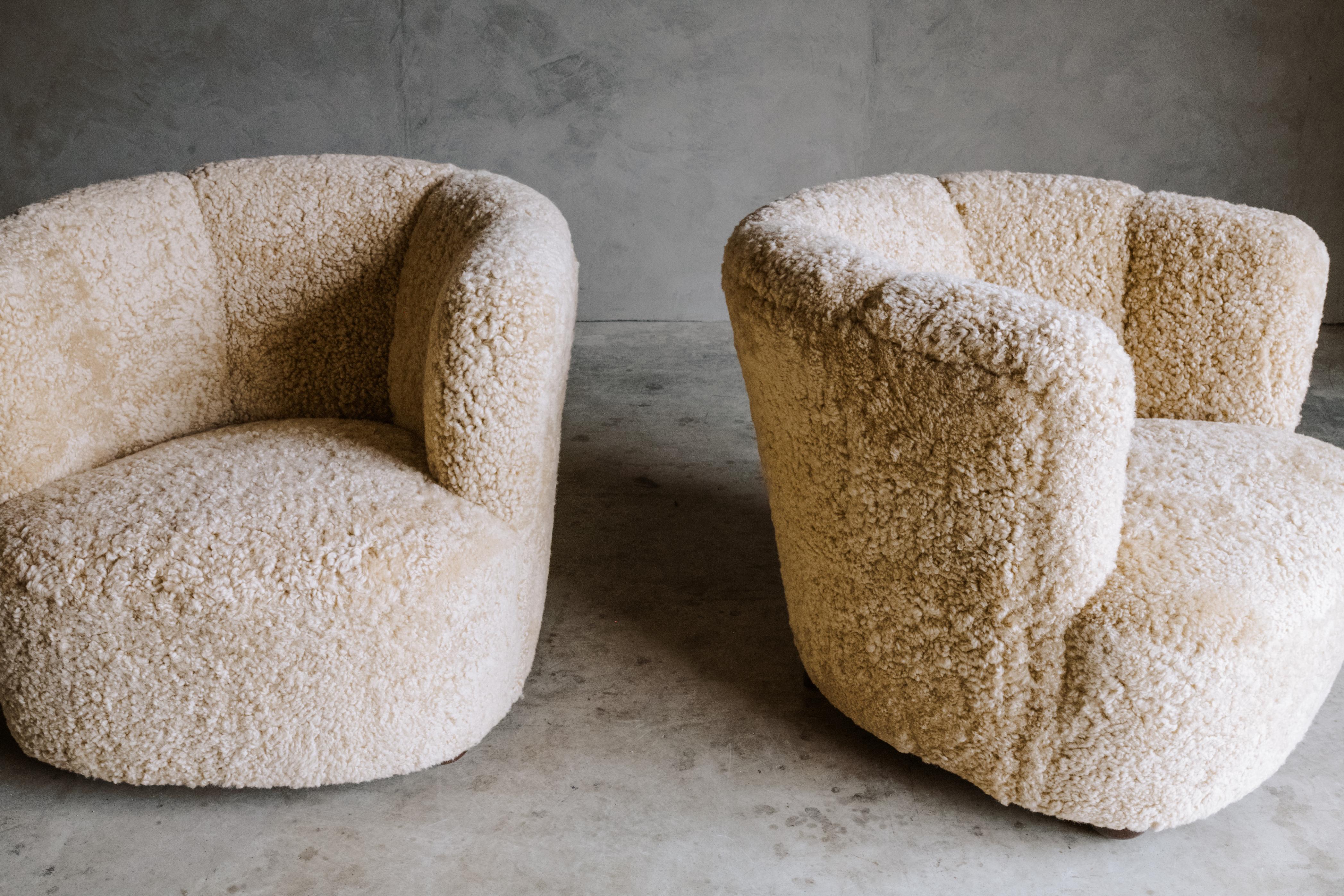 Vintage Pair of Sheepskin Lounge Chairs from Denmark, Circa 1950 In Good Condition In Nashville, TN