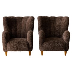 Vintage Pair Of Sheepskin Lounge Chairs From Denmark, Circa 1960