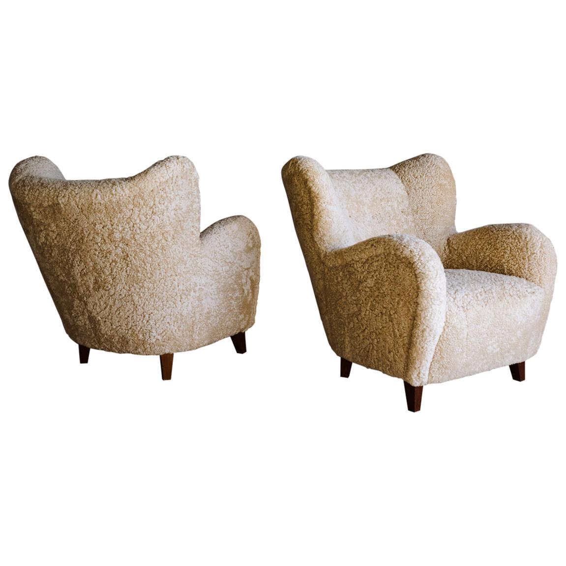 Vintage Pair of Sheepskin Lounge Chairs from Finland, circa 1950
