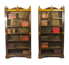 Vintage Pair of Sheraton Design Inlaid Mahogany Open Bookcases, 20th Century
