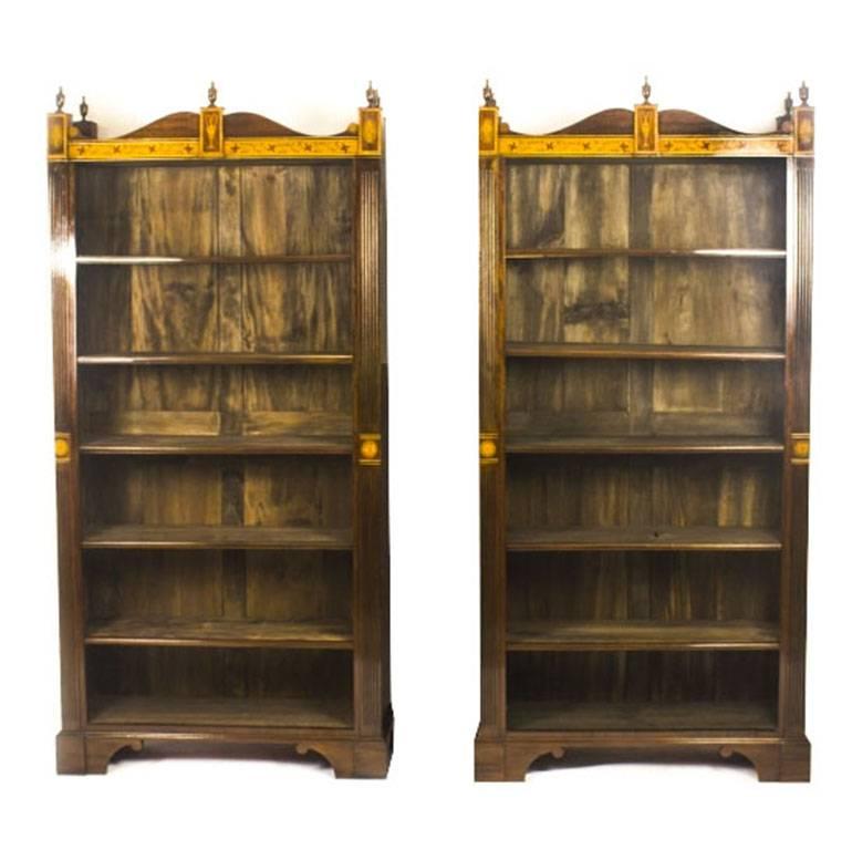 Vintage Pair of Sheraton Design Inlaid Mahogany Open Bookcases, 20th Century