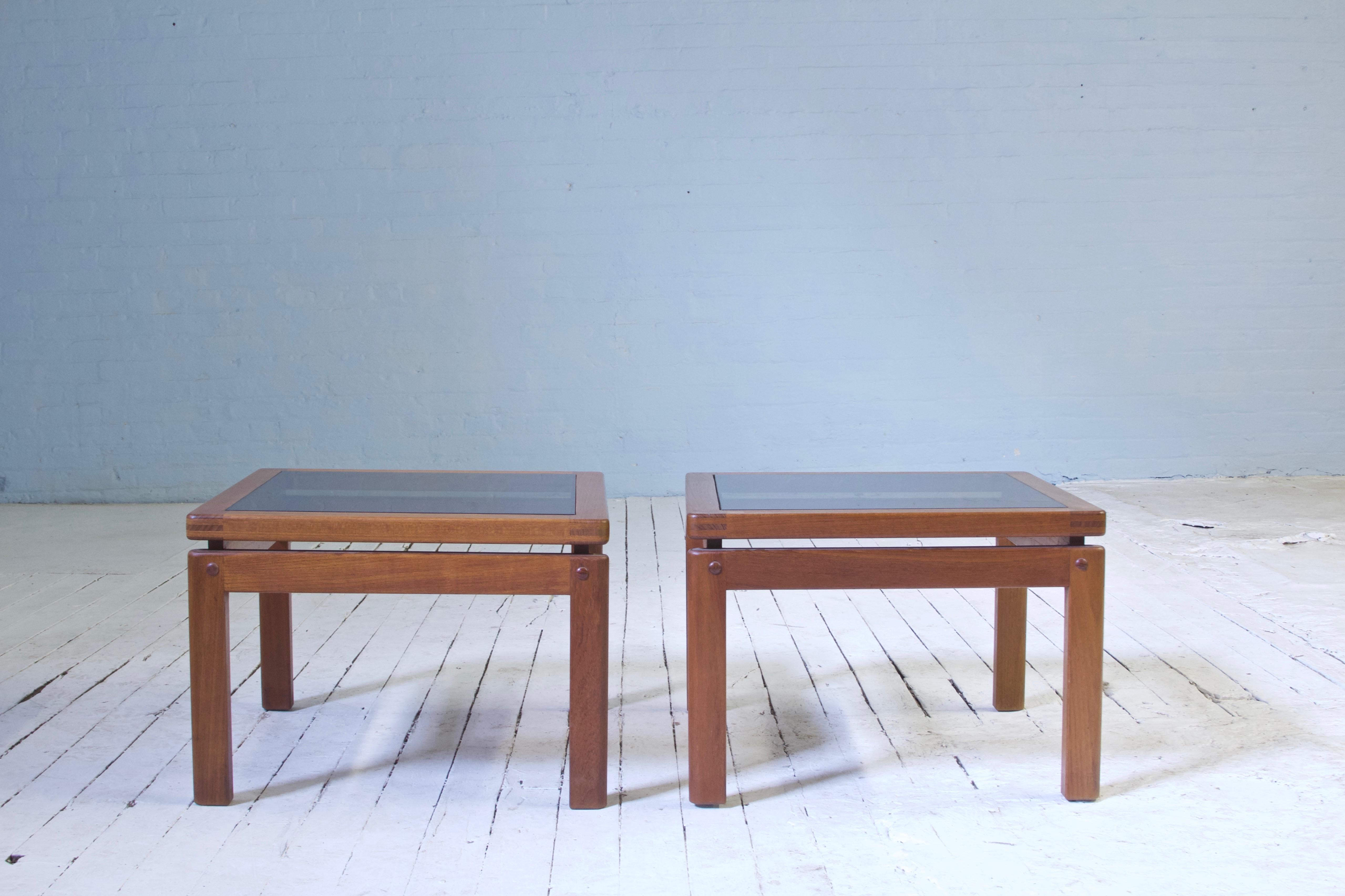 Mid-Century Modern Vintage Pair of Signed Danish Side Tables with Exposed Joinery in Teak, 1960s For Sale