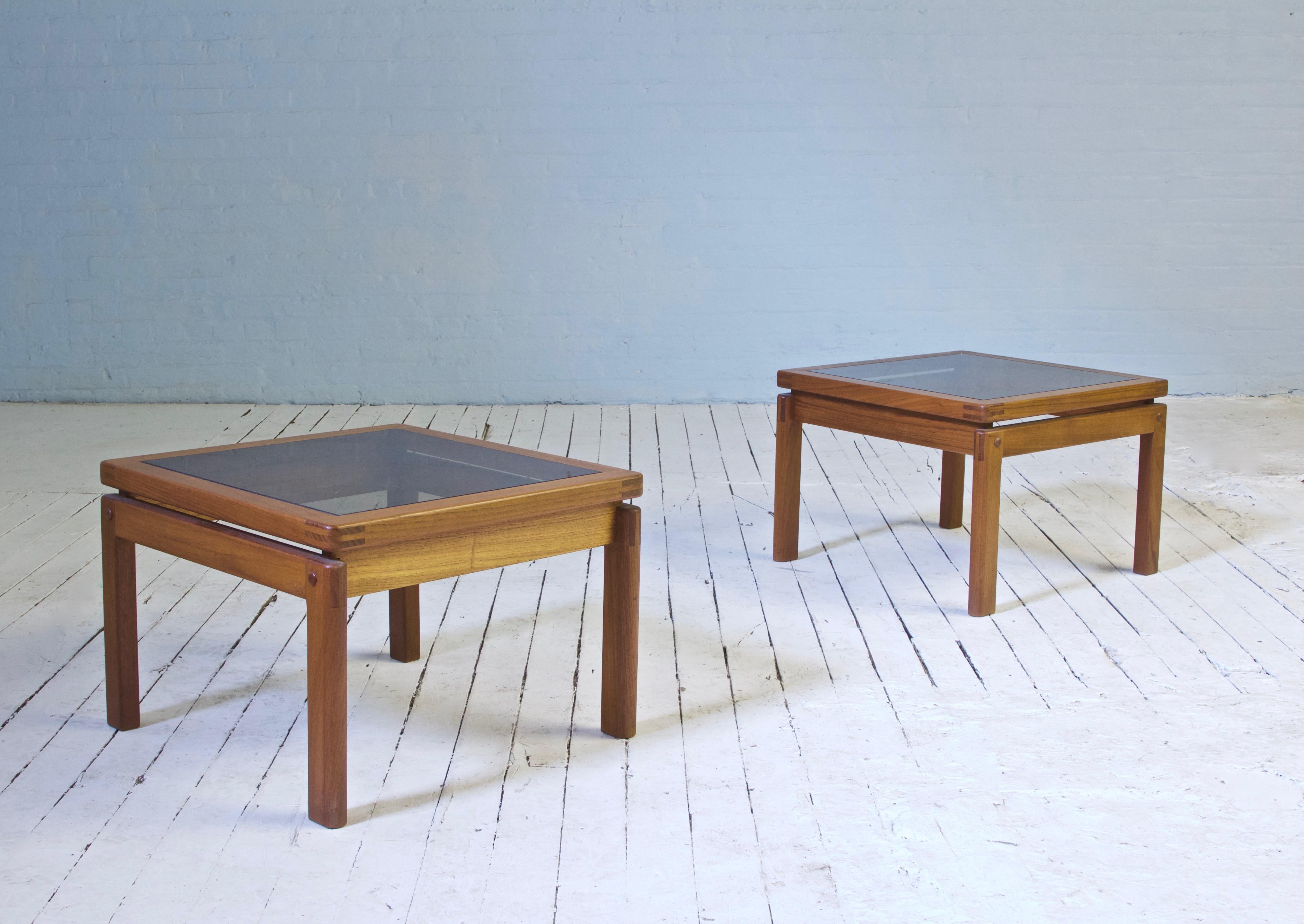 Mid-20th Century Vintage Pair of Signed Danish Side Tables with Exposed Joinery in Teak, 1960s For Sale