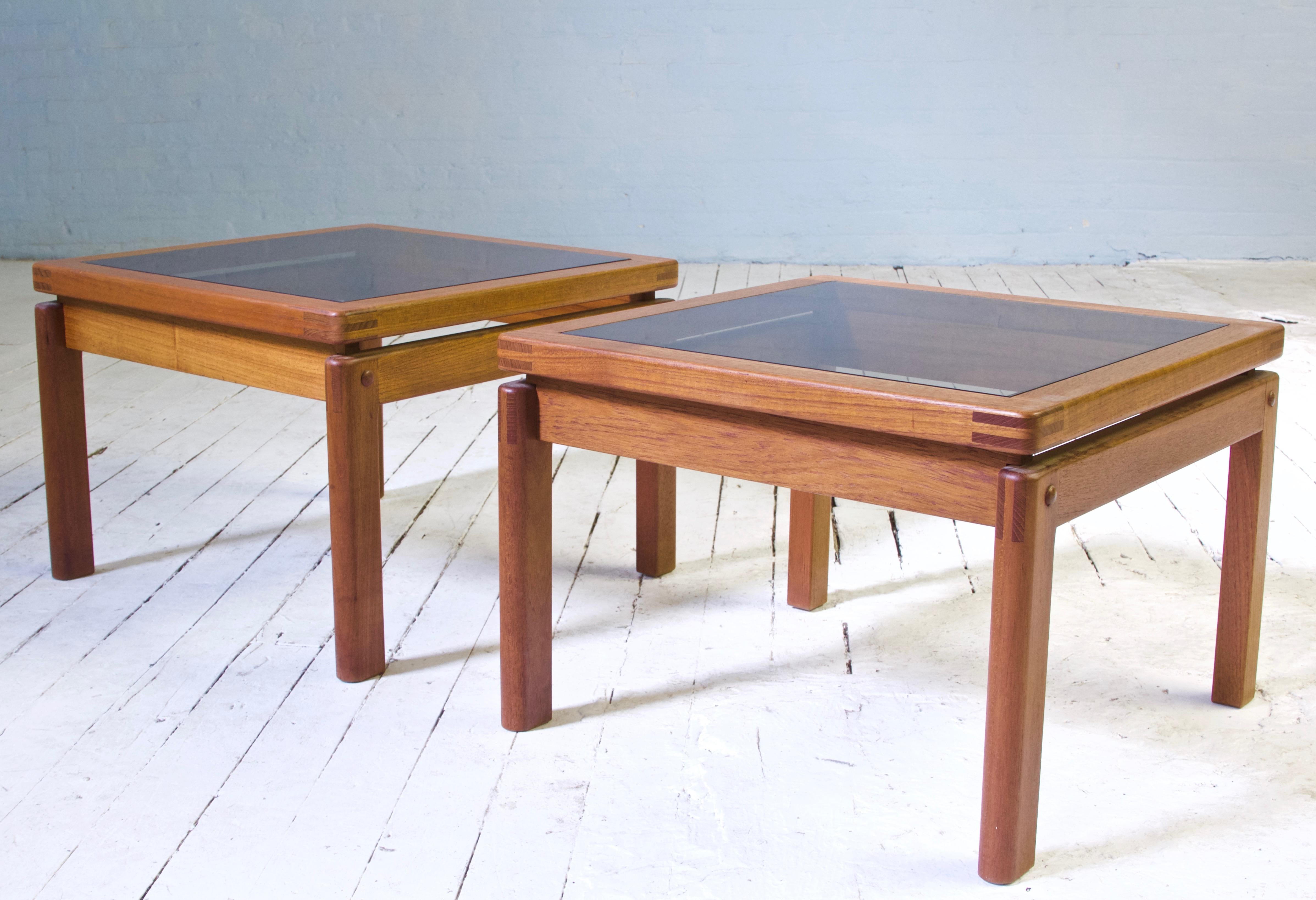 Smoked Glass Vintage Pair of Signed Danish Side Tables with Exposed Joinery in Teak, 1960s For Sale