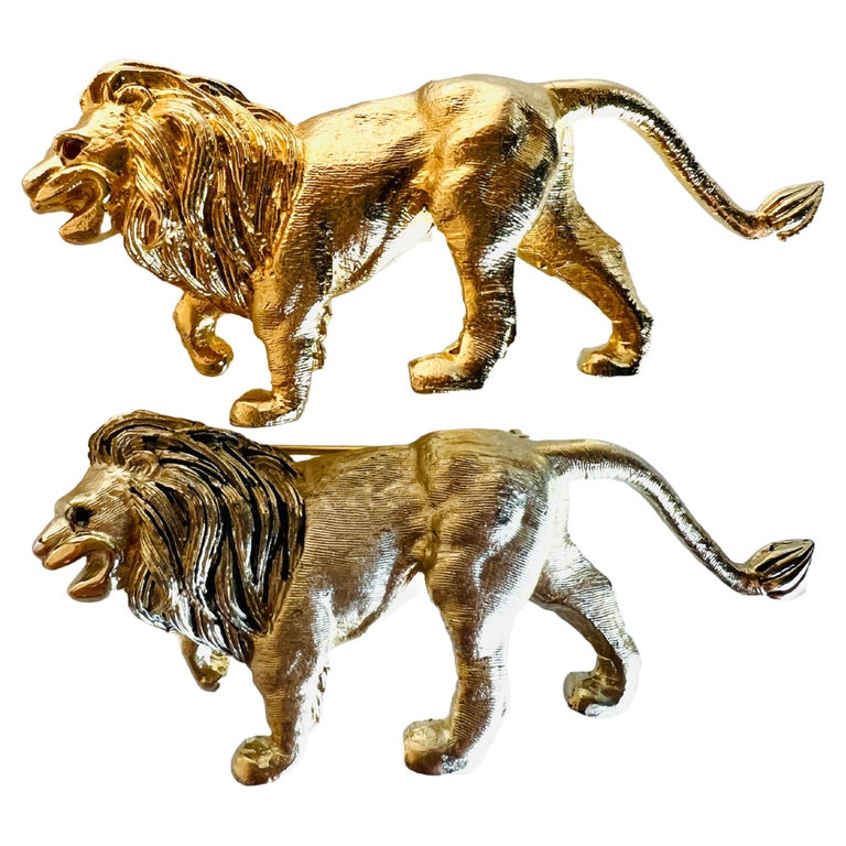 Vintage Pair of Signed Polcini Lion Brooches For Sale at 1stDibs