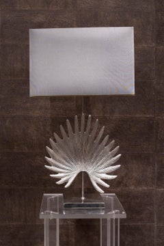Vintage Pair of Silver Metal Lamps with Leaf Motif, 1980