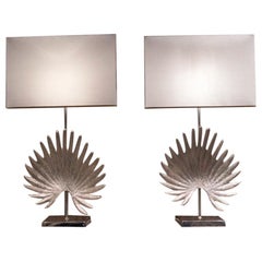 Vintage Pair of Silver Metal Lamps with Leaf Motif, 1980