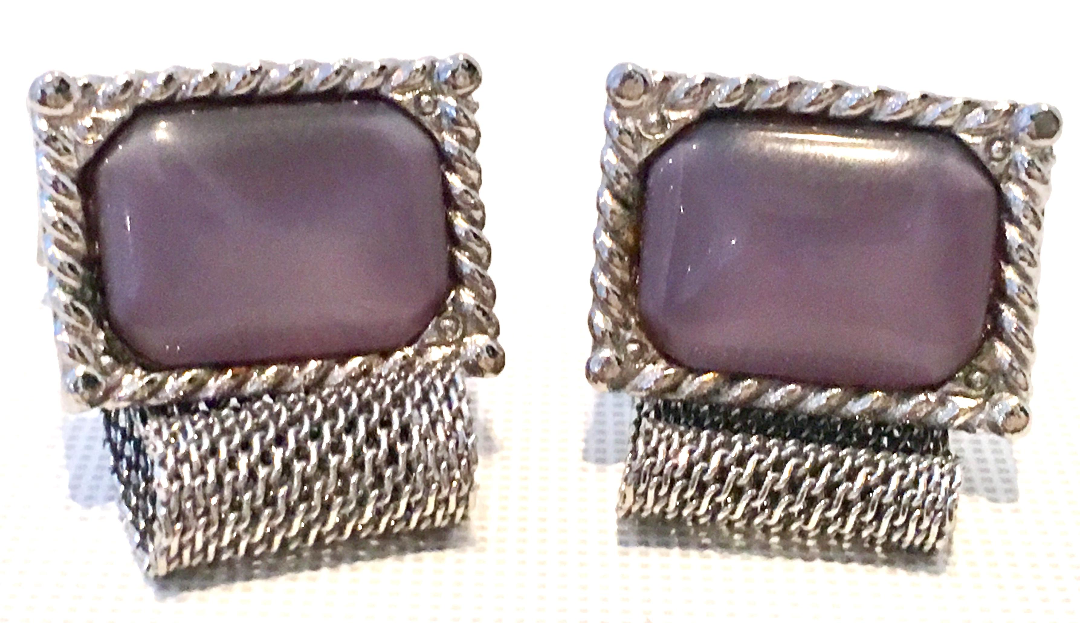 Women's or Men's Vintage Pair Of Silver Metal Mesh Amethyst Lucite Moon Stone Cufflinks