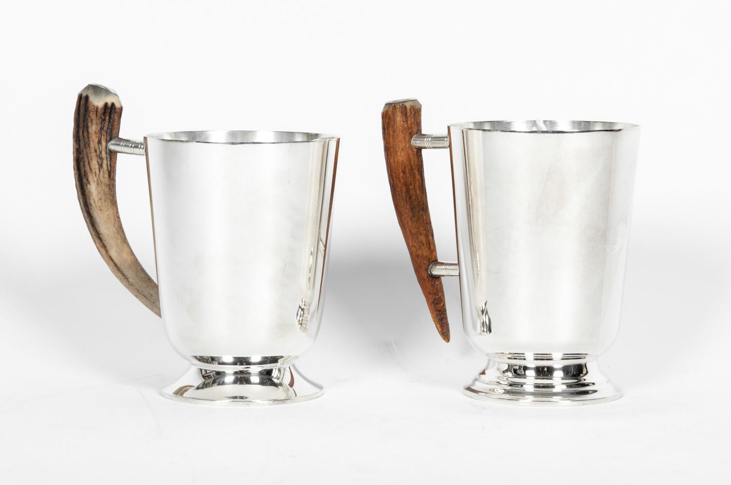 English Vintage Pair of Silver Plate Mug with Horn Handle